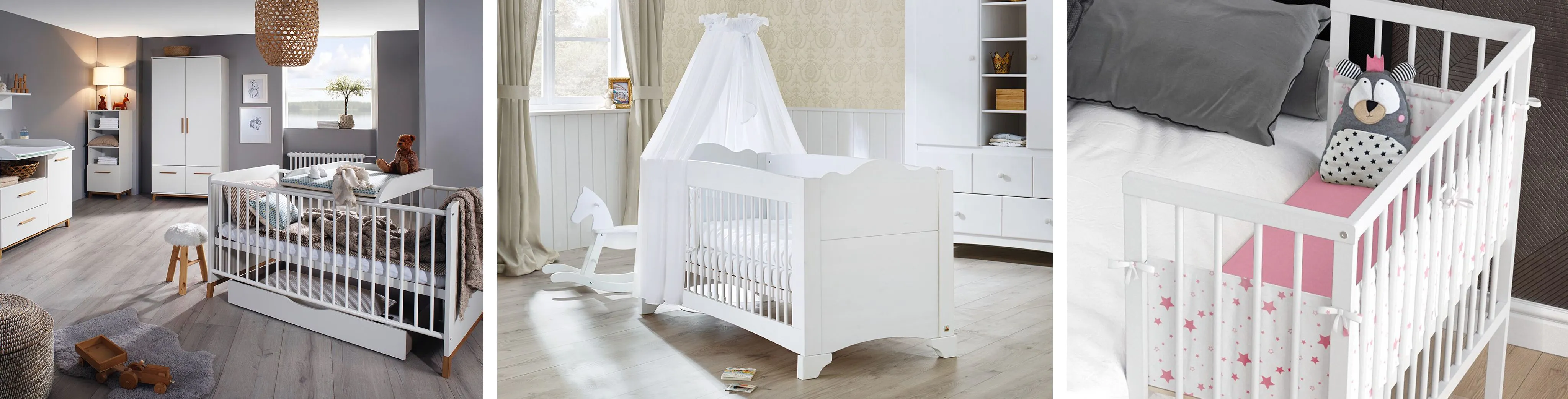 Trois photos de lits de bébé, de g. à d. : lit à barreaux en bois blanc dans une chambre aux tons sobres, gris et blanc; lit à barreaux en bois massif blanc avec ciel de lit transparent blanc, dans une chambre lumineuse aux tons blanc et beige; cododo en bois blanc près d'un lit avec drap rose et peluche grise