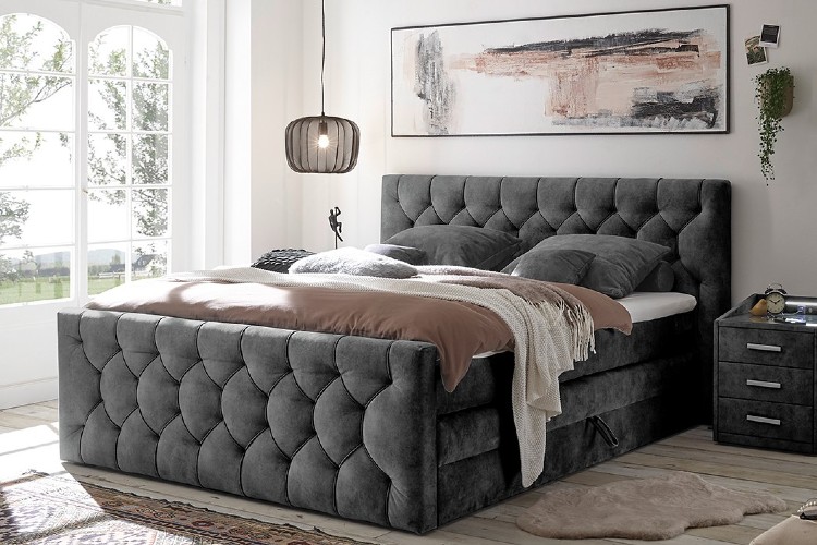 Doppel-Boxspringbett aus Microfaser, in Anthrazit (Marke: loftscape; Shop: home24).