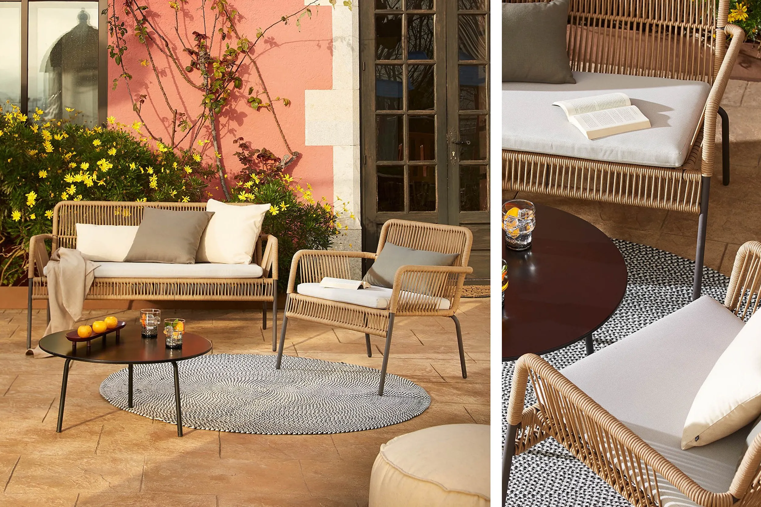Gartenbank und Sessel mit breiter Sitzfläche für die Terrasse
