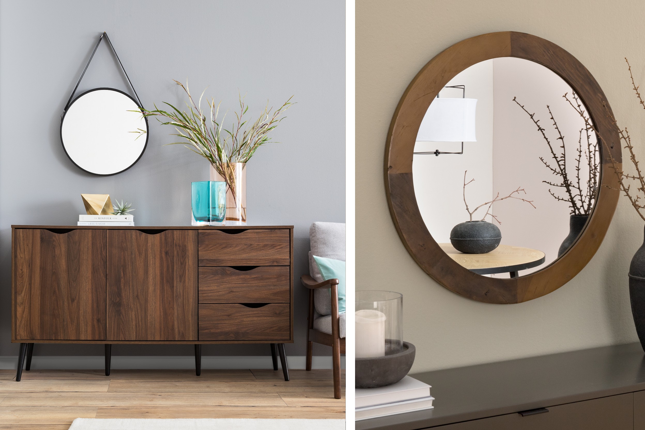 Combos de deux photos de salons aux tons clairs avec des miroirs au mur, avec peu de déco et reflétant la lumière de la pièce 