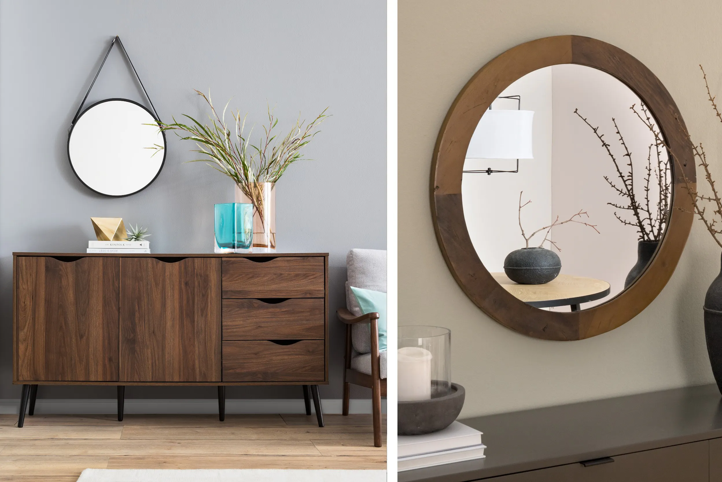 Combos de deux photos de salons aux tons clairs avec des miroirs au mur, avec peu de déco et reflétant la lumière de la pièce