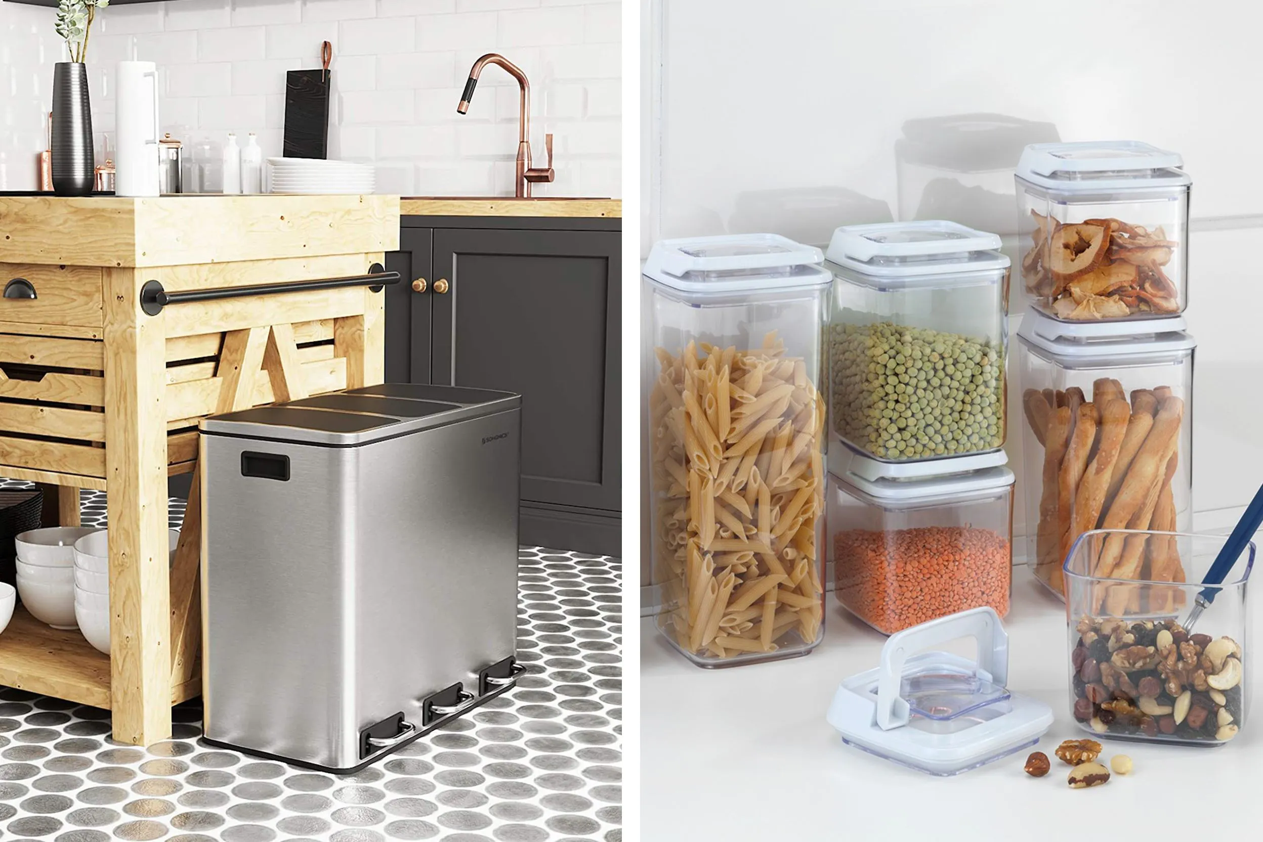 Deux photos, l'une d'une poubelle à trois compartiments dans une cuisine, et l'autre de bocaux transparents pour aliments