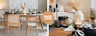 Esszimmer mit Möbeln von Studio Copenhagen: ein heller Esstisch aus Holz mit Rattanstühlen, ein weißes Sideboard, ein grauer Sessel sowie Pendelleuchten aus Glas; dazu geschmückte Weihnachtsbäume, weihnachtliche Tischdeko, schwarze Geschirrsets und Trinkgläser, schwarze und weiße Vasen mit Pampasgras sowie weitere Deko in Schwarz und Weiß.