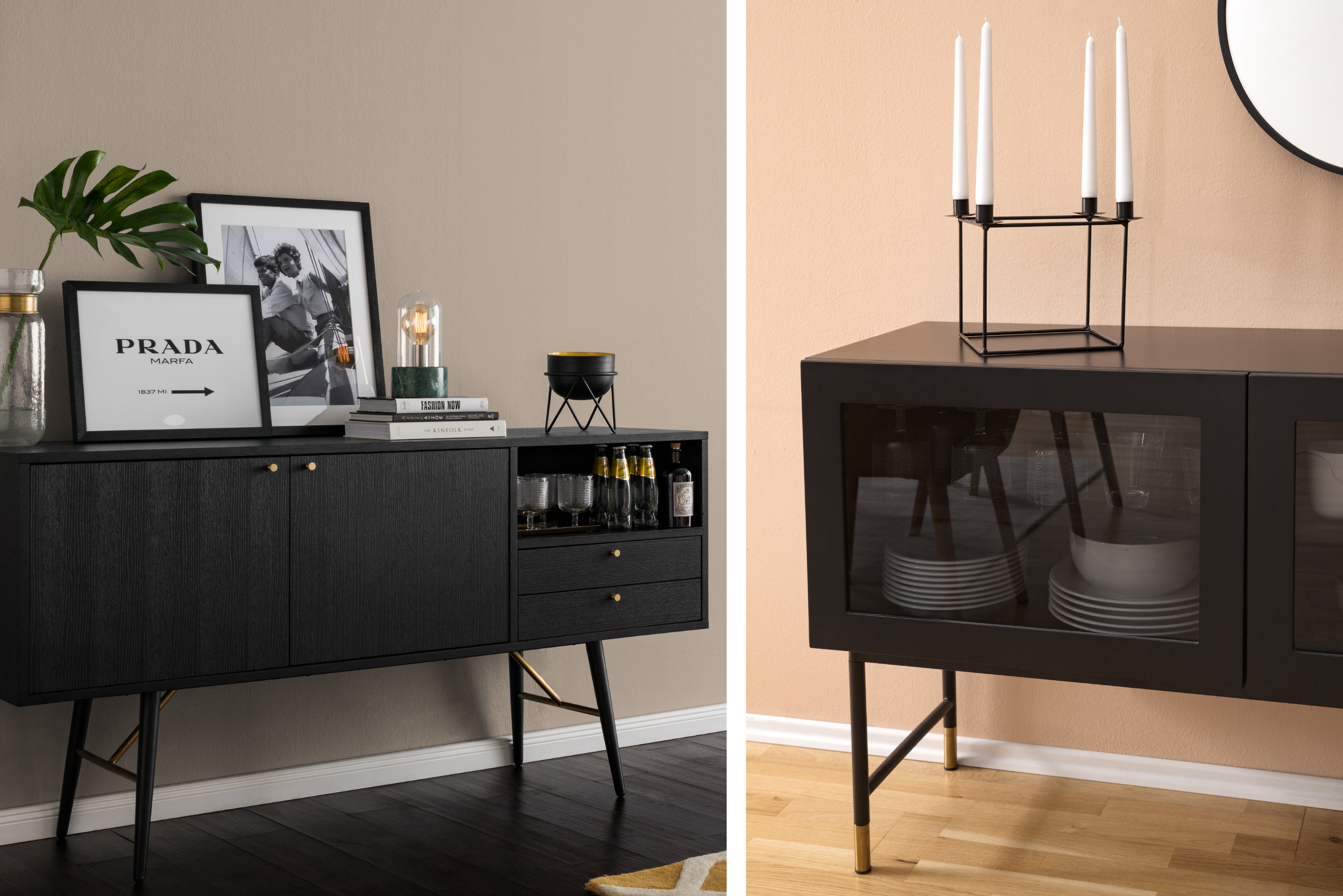 Schwarze Sideboards mit goldenen Details und Kerzenhalter für glänzende Akzente