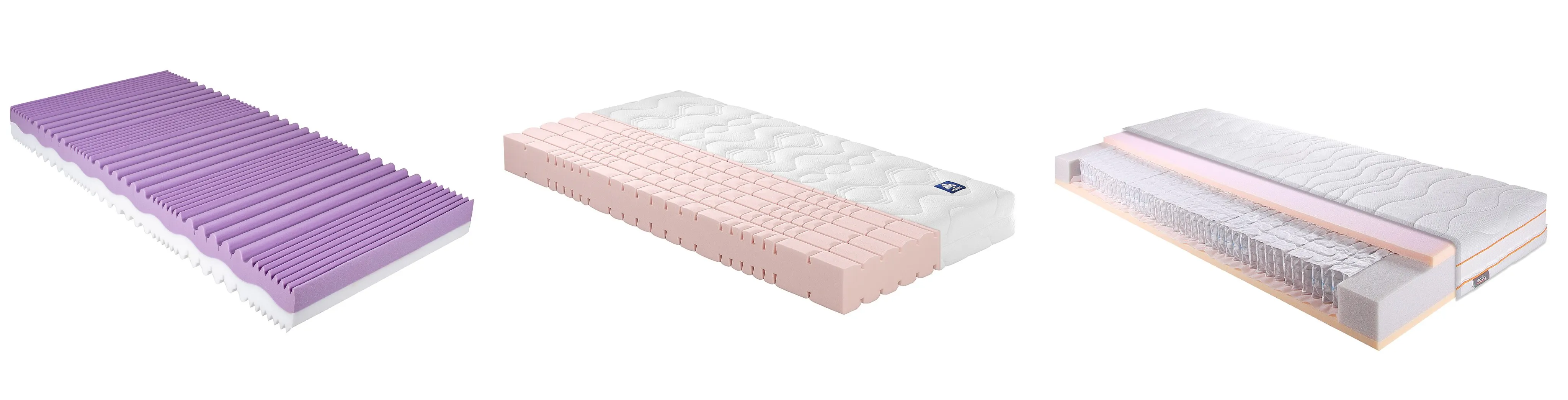 Drei verschiedene Matratzen und deren Innenansichten mit unterschiedlichen Einkerbungen