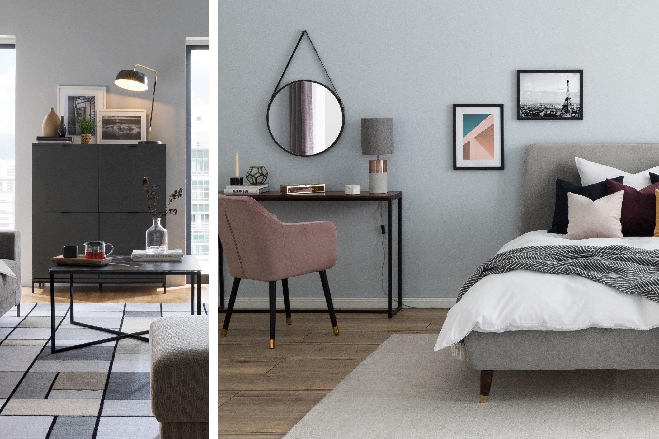 Combo de deux photos d'intérieurs avec des tapis et des meubles