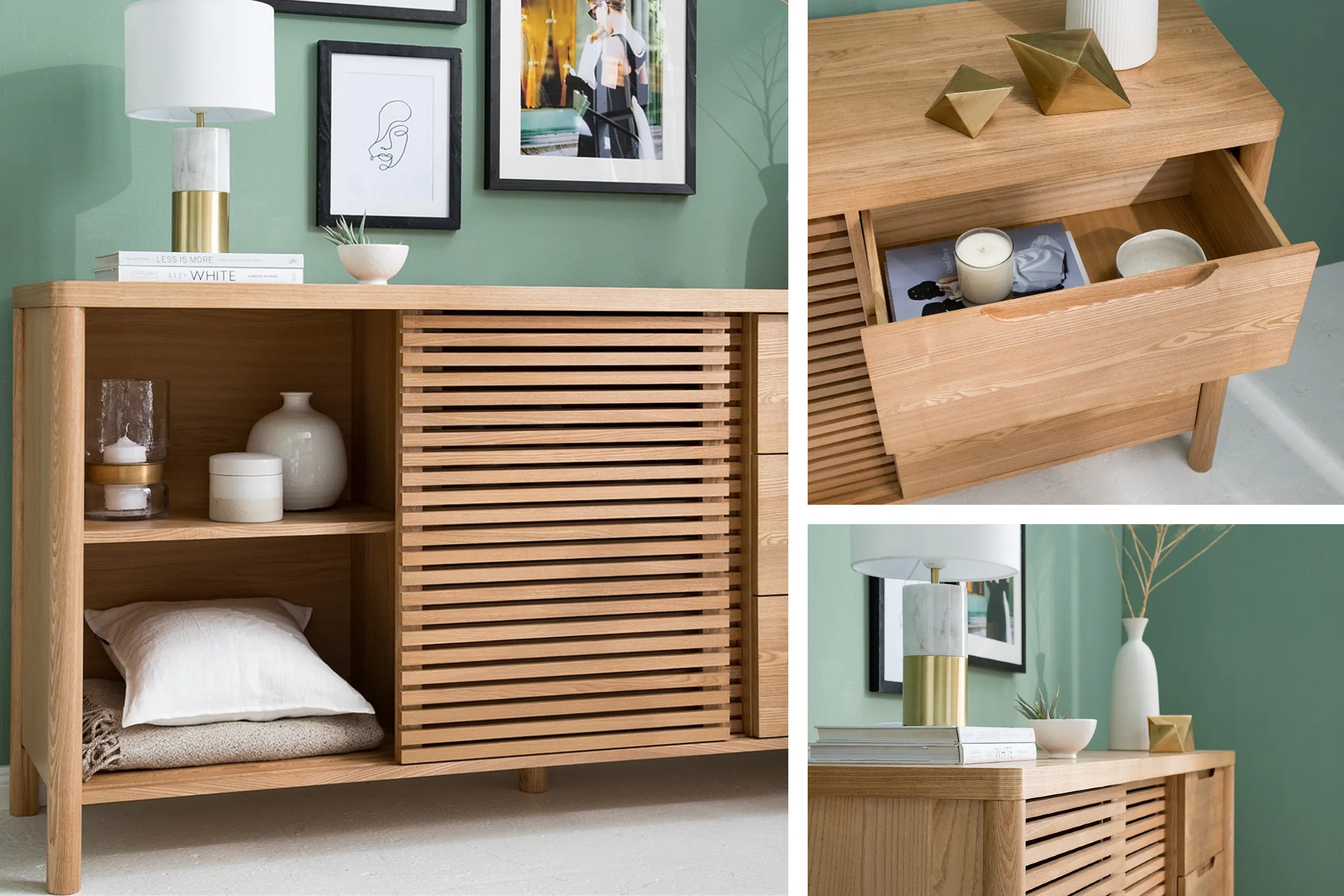 Sideboard aus hellem Holz mit Schiebetüren im Lamellendesign und Schubladen