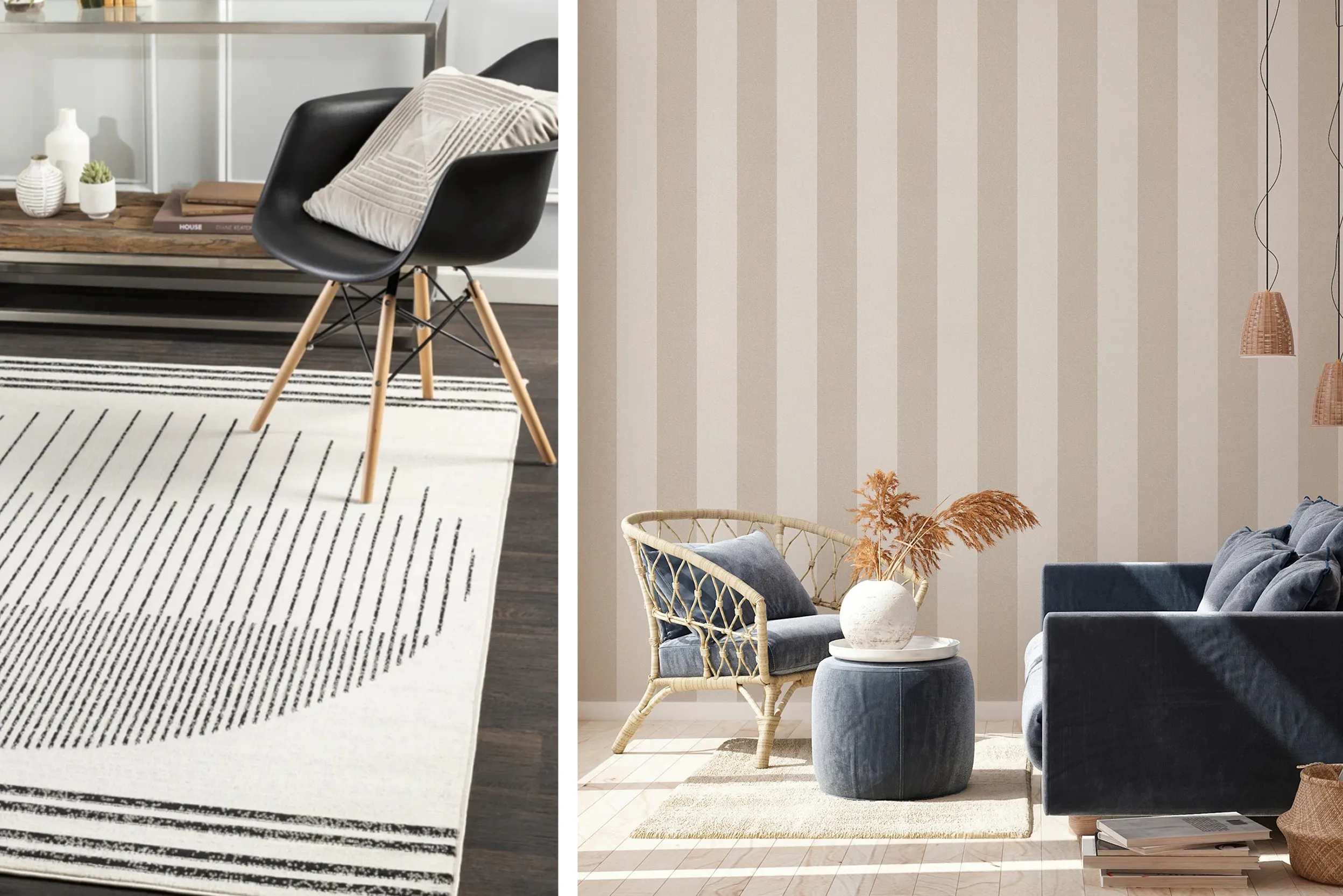 Coolage di due immagini: sulla destra un tappeto bianco grafico a righe nere e sulla destra carta da parati beige a strice verticali.