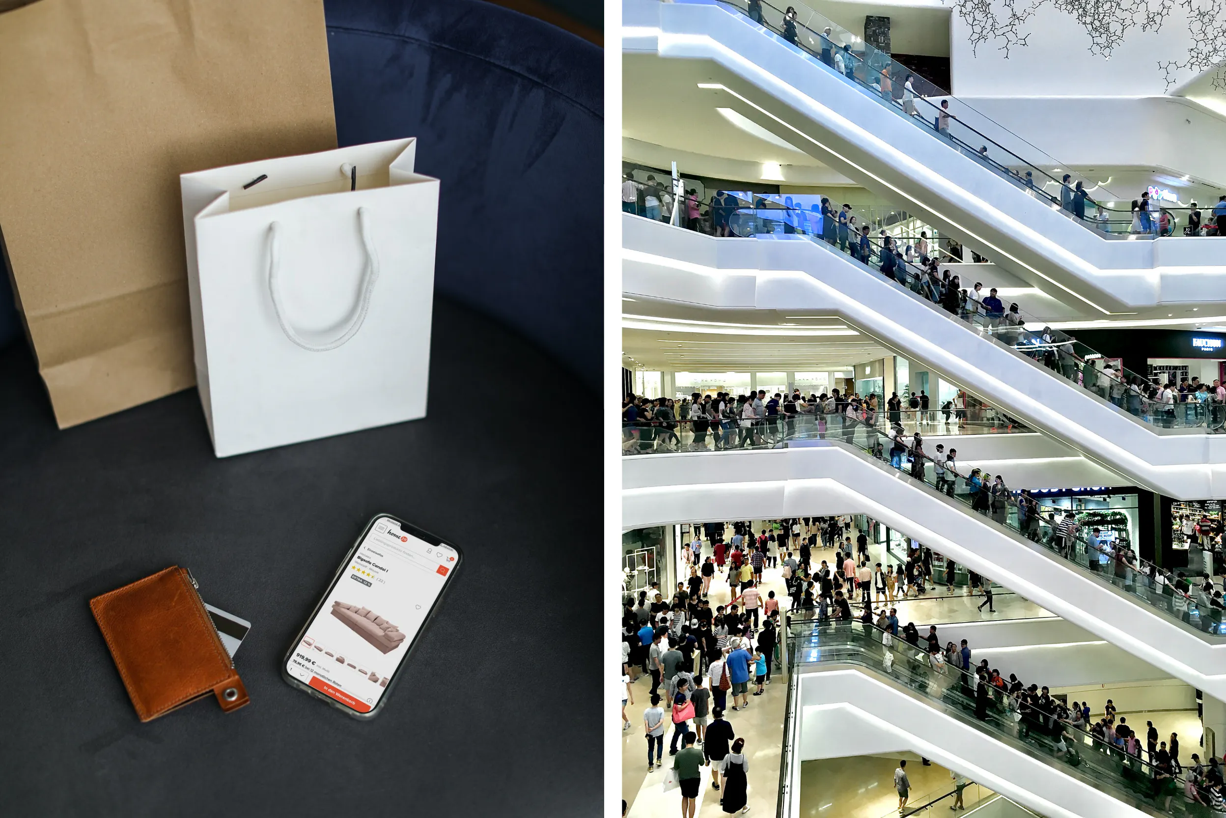 Grote keus bij online shoppen en lange rijen in een winkelcentrum