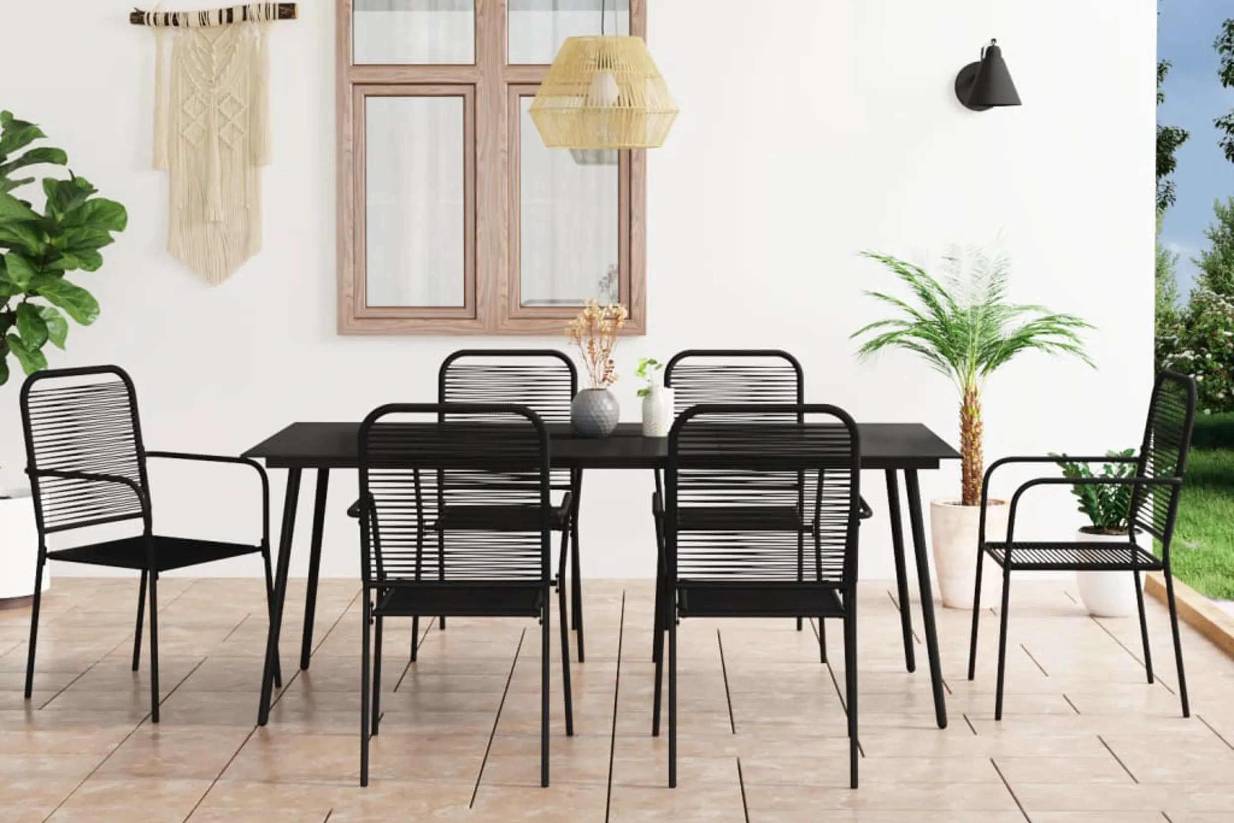 Schwarze Essgruppe aus Metall mit 6 Stühlen aus einer Terrasse