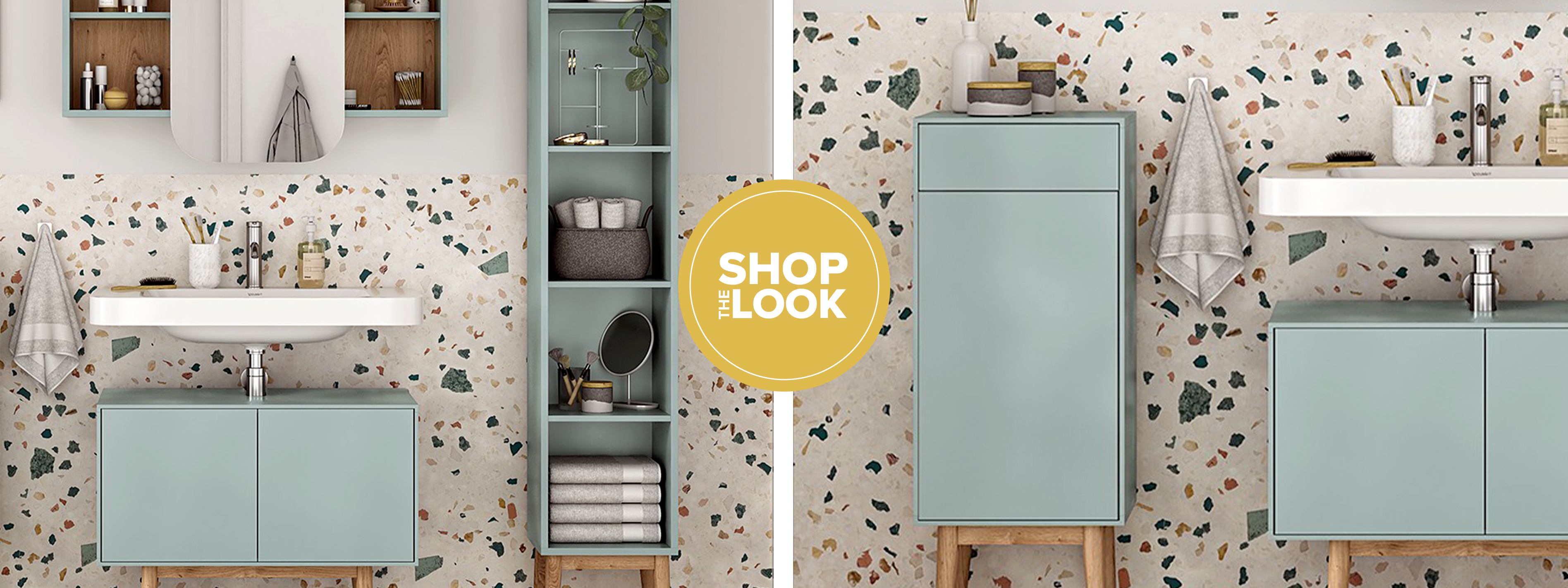 Salle de bain turquoise composée d'un meuble lavabo, d'une étagère, d'une armoire de toilette et d'une armoire basse devant un mur façon terrazzo, avec serviettes, tapis de bain, gobelets pour brosse à dents, distributeurs de savon, paniers de rangement et autres, en gris, blanc et beige.