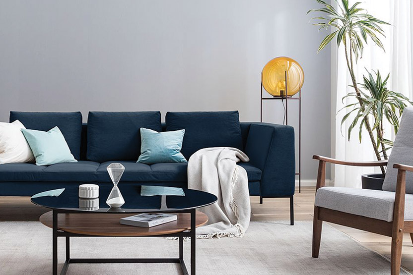 Canapé bleu et fauteuil gris d'aspect rétro