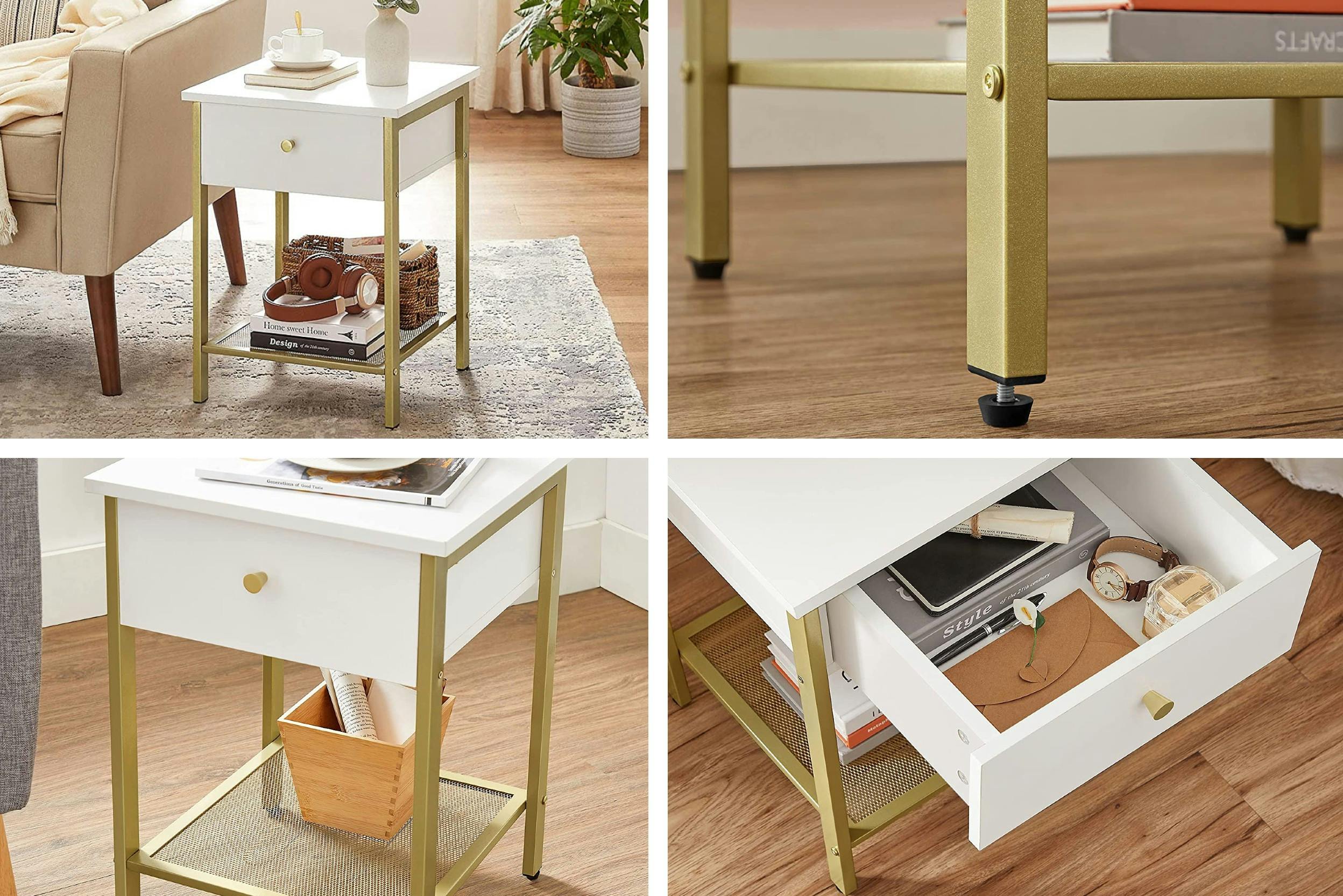 Höhenverstellbarer weißer Beistelltisch mit goldenen Details, Ablage und Schublade