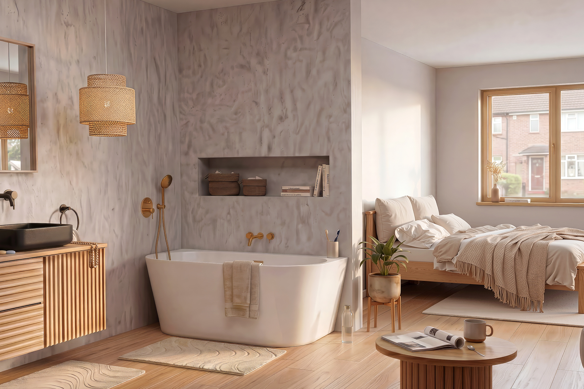 Hier werden Spa-Badezimmer und Schlafzimmer miteinander kombiniert: eine frei stehende Badewanne, Badmöbel aus Holz, ein Massivholzbett und helle Textilien sorgen für Erholung.