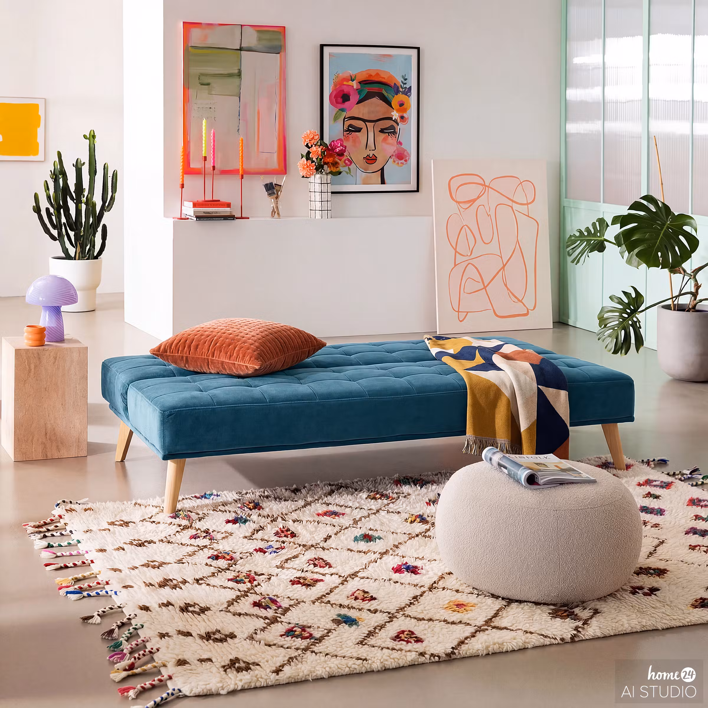 Petrolfarbenes Klappsofa für Übernachtungsgäste, dazu ein Cube-Beistelltisch mit einer lilafarbenen Mushroom-Tischleuchte.