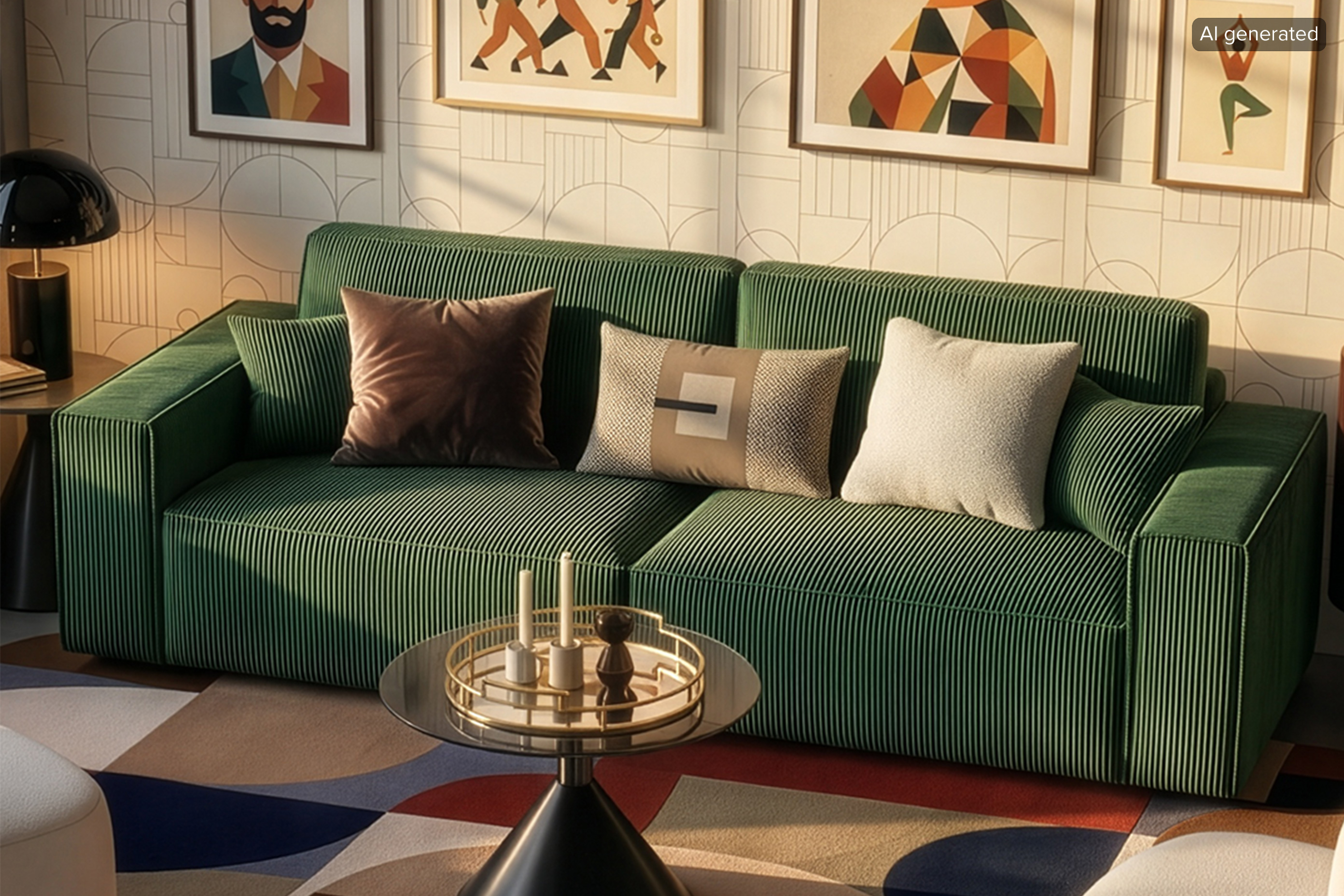 Bild ist KI-generiert. Vintage-Sofa aus moosgrünem Cord mit einer Retro-Pendelleuchte, einem Retro-Tisch sowie einer bunt dekorierten Bilderwand.