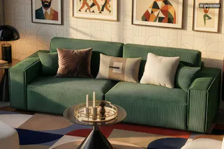 Bild ist KI-generiert. Vintage-Sofa aus moosgrünem Cord mit einer Retro-Pendelleuchte, einem Retro-Tisch sowie einer bunt dekorierten Bilderwand.