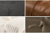 Kollage aus vier Nahaufnahmen verschiedener Sofabezüge von home24: dunkelgrauer Webstoff (oben links), cognacfarbenes Echtleder (oben rechts), cremeweißer Cordstoff (unten links) und taupefarbenes Glattleder (unten rechts).
