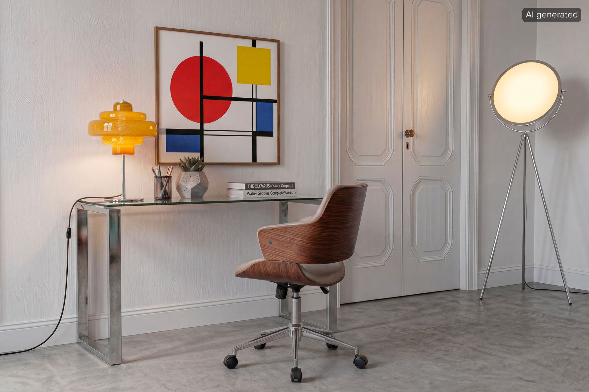 Bild ist KI-generiert. Homeoffice im Bauhaus-Stil mit Büromöbeln aus typischen Materialien wie Glas, Chrom und Bugholz.