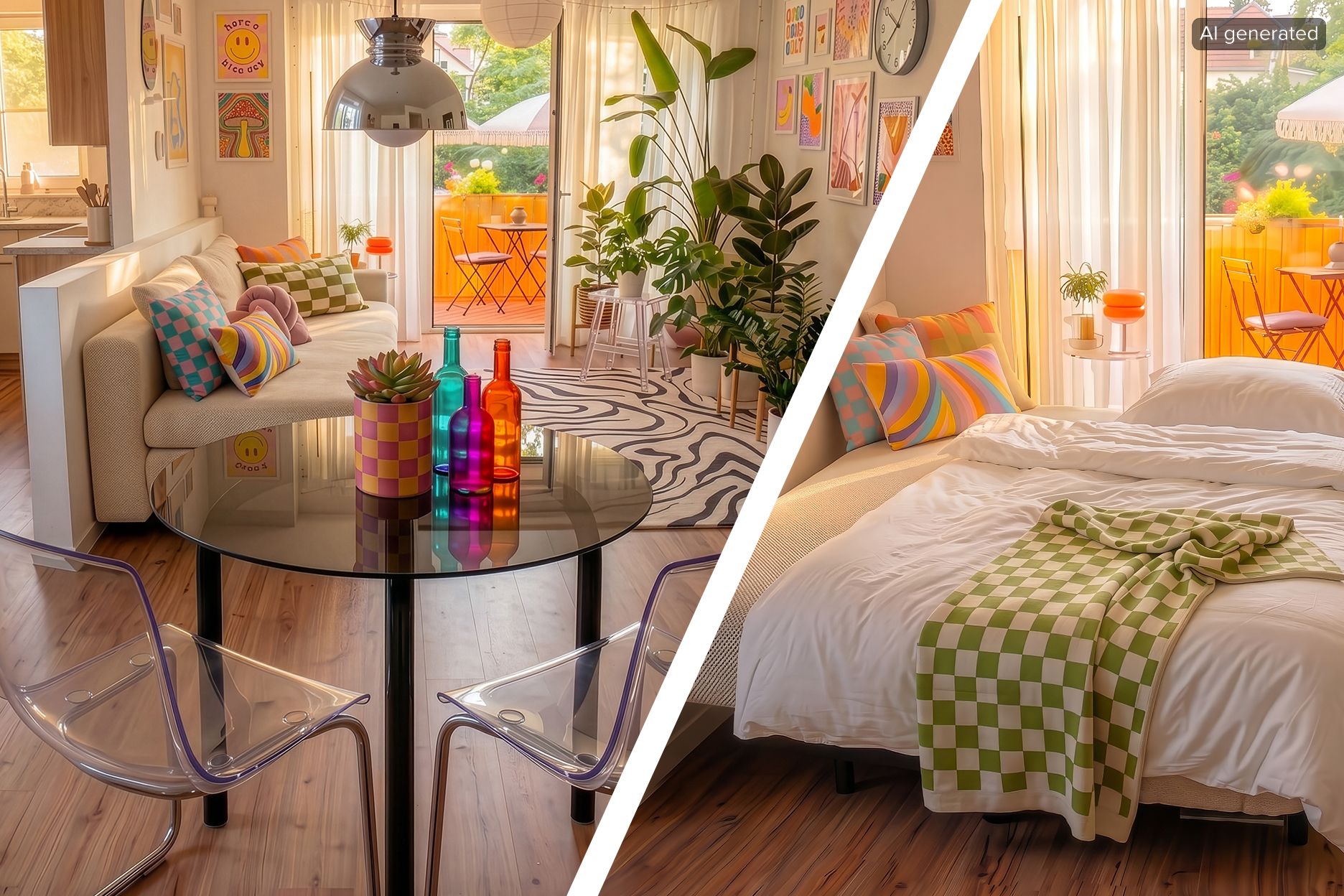 Bild ist KI-generiert. Offener, heller Raum mit beigem Schlafsofa SANZ. Schwarz-weißer Teppich, Pflanzen in bunten Blumentöpfen und farbenfrohen Bildern an der Wand, zwei transparente Freischwinger MENSIKU und schwarzer, runder Esstisch Banoua.